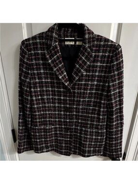 Ann Taylor Black Tweed Blazer with Pink and White Plaid
